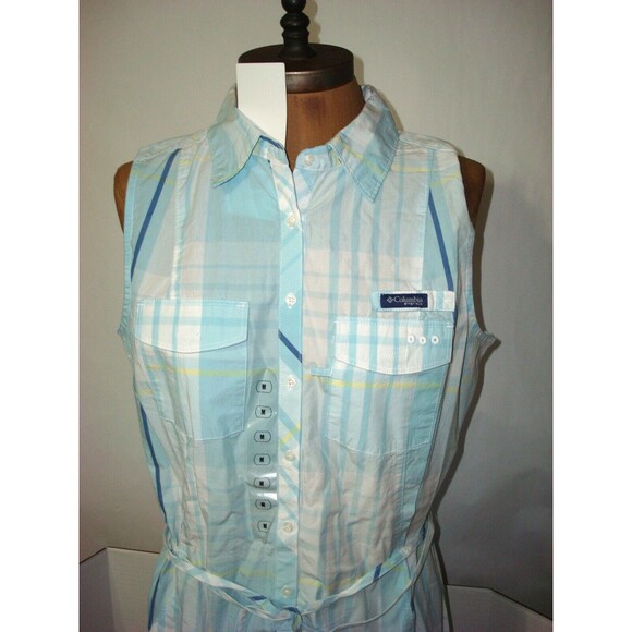 NWT New Womens Columbia White Blue Plaid Dress PFG M Slits Pockets Cotton Logo - Picture 7 of 9